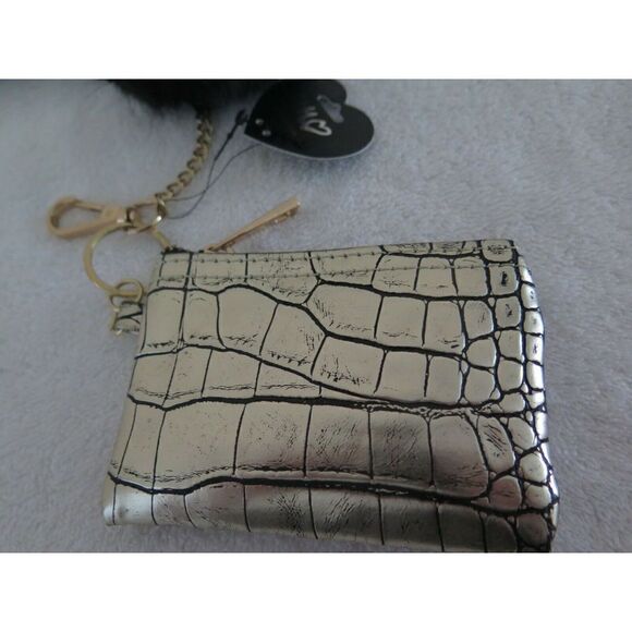 IM Heart Gold Croc Skin Zippered Coin Pouch and Black Fur Clasped Handbag Charm - Picture 5 of 9